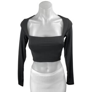 NEW Qinsen Women's Black Square Neck Long Sleeve Slim Stretch Crop Blosue Top S